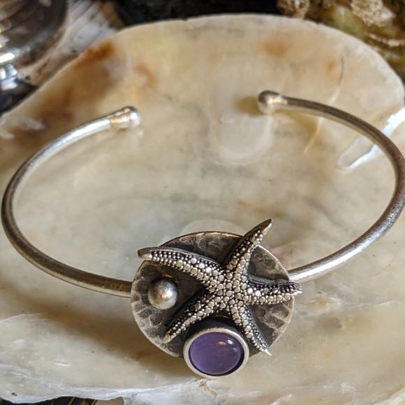 Natural Purple Jade in Starfish Silver Plated Bracelet - Picture 2 of 4